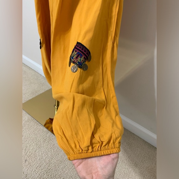 Mustard Yellow with Pink Floral Hobo Embroidered Low Harem Baggy Pants - Picture 13 of 16